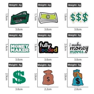 Detailed view of nine money-themed enamel pins with dimensions and weight specs