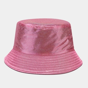 Detailed close-up showing the shiny pink glitter texture of this PU leather bucket hat