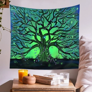 Detailed view of the Tree of Life tapestry with glowing blue and purple spheres on a wall