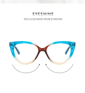 Detailed view of cat-eye glasses frame with blue and amber gradient color design