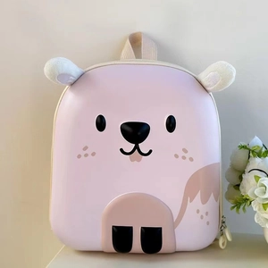 Front view of pink 3D animal shell kids backpack with plush ears and soft handles