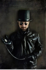 Steampunk set featuring black top hat, leather jacket, and vintage round sunglasses