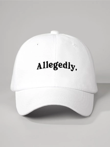 Close-up of Allegedly text black embroidery on a white cotton twill baseball cap
