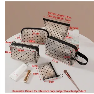 Five-piece set of black heart mesh makeup bags in various sizes for travel storage