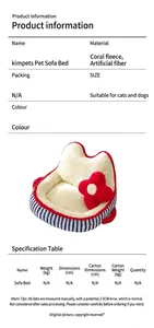 Detail view of plush coral fleece pet sofa with floral accents and soft striped base