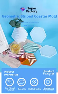 Detailed view of hexagonal geometric striped silicone mold with colorful resin coaster