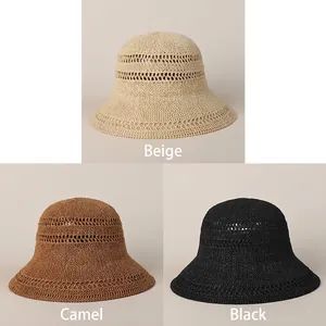 Foldable wide brim knitted sun hats for women in beige, camel and black colors