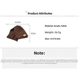 Detailed specs of leopard print hair claw clip measuring 12.5cm and weighing 36.7g