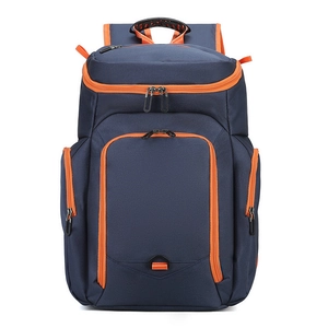 Large capacity navy blue sports backpack with orange trim and multiple zippered pockets