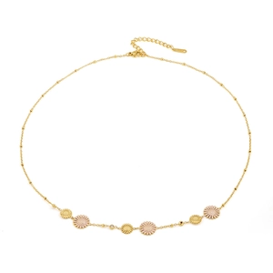 Detailed close-up of 18K gold plated chain necklace featuring pink daisy flower charms
