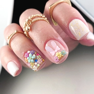Press On Nails With 3D Flowers Rabbit Ears Bows Rhinestones Gold Foil And Faux Artificial Pearls For Women Sweet DIY Manicure