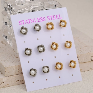 Set of 6 pairs of stainless steel pearl rose earrings in gold and silver finish