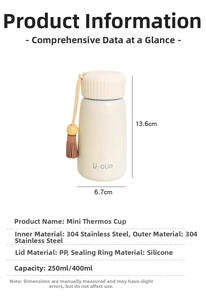 Detailed dimension guide for mini 304 stainless steel vacuum flask showing 250ml and 400ml