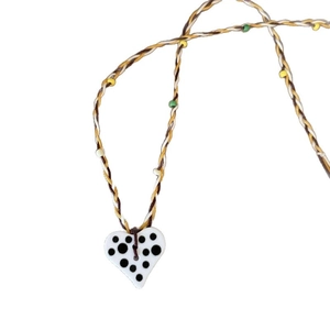 Handmade beaded heart pendant necklace with polka dots and colorful woven cord chain