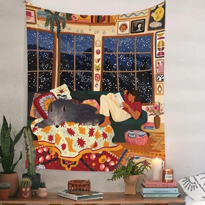 Detail of bohemian tapestry featuring a cozy winter reading scene with dog on fabric