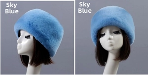 Detailed close-up of sky blue faux rabbit fur winter hat for elderly women
