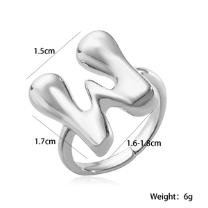 Detail view of silver letter W ring showing dimensions 1.7cm height and 1.5cm width