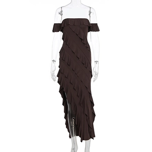 Detail of dark brown off-shoulder dress with layered ruffles and asymmetrical hem