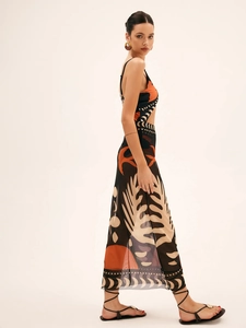 Women's sleeveless mesh maxi dress featuring vintage abstract prints and cutout waist details