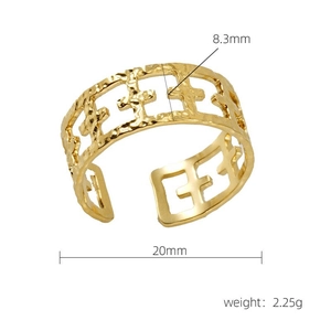 Detail of 8.3mm gold hollow titanium steel ring with textured cross patterns and open design