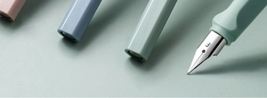 Vue macro d'une plume en métal EF sur un stylo plume ergonomique vert Morandi