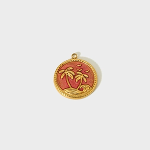 Golden pendant featuring pink enamel with palm tree and wave relief for DIY jewelry