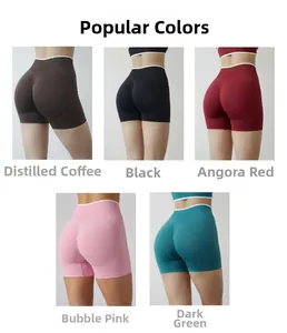 Selection of seamless high-waist yoga shorts in coffee, black, burgundy, pink and dark green