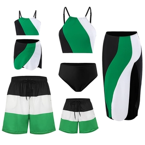 Family matching swimsuits with green and black diagonal block patterns for beach use