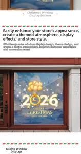 Detail of 2026 golden balloon stickers with Merry Christmas greeting on glass door