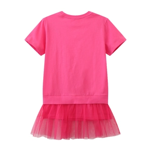 Pink cotton girls' dress with sparkling sequin embroidery and layered tulle skirt back view