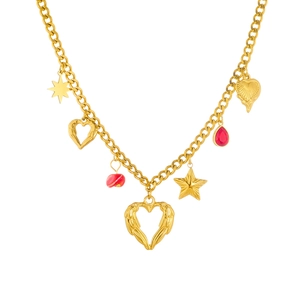 Gold plated stainless steel necklace with heart, star, and red teardrop crystal charms