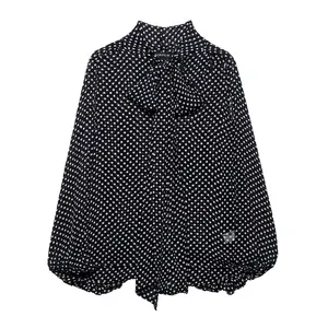 Women Polka Dot Chiffon Blouse Bow Tie High Neck Lantern Sleeve Cape Style Elegant Top
