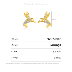 Detail view of gold hummingbird stud earrings with white zircons and dimensions