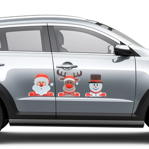 Magnetic Christmas car decals with Santa, reindeer, and snowman on a silver SUV door