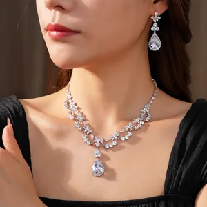 Luxury Copper Zircon Jewelry Necklace And Earrings Pear Waterdrop Flower Retro Palace Style Banquet Wedding For Women