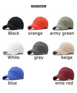 Grid display of distressed cotton baseball caps in various colors with ripped brim details