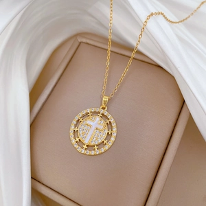 Elegant gold titanium steel necklace with a crystal-encrusted round cross pendant