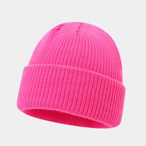 Detailed close-up showing the ribbed knit texture and cuff of the rose pink beanie cap