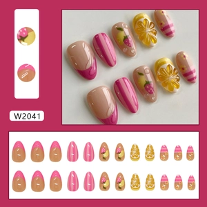 24pcs strawberry and lemon press on nails with 3D floral and French tip designs