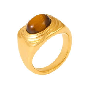 18k gold plated stainless steel ring with oval brown tiger eye stone on white background