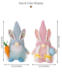 Detail view of pink and blue Easter Gnomes holding egg and carrot with size dimensions