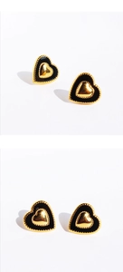 Macro detail of red enamel heart earrings with gold trim from multiple view angles