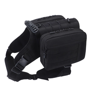 Tactical black dog harness with detachable side pouches and top handle for large dogs