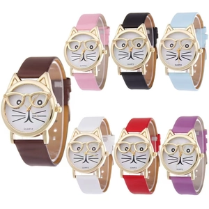 Detail view of cartoon cat-face quartz watches with leather straps in seven assorted colors