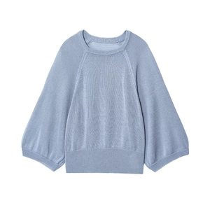 Minimalist loose-fit crewneck knit sweater with raglan lantern sleeves in light blue