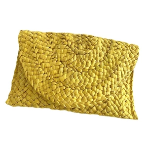 Handmade woven corn husk envelope clutch bag in bright yellow straw for beach parties