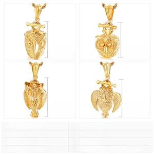 Detailed views of gold punk owl pendants in stainless steel with sizes and weights