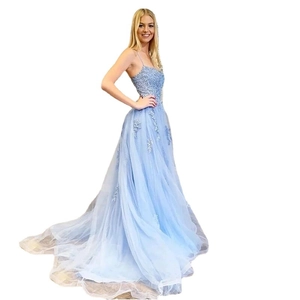 Elegant light blue evening gown with floral lace bodice and layered tulle A-line skirt