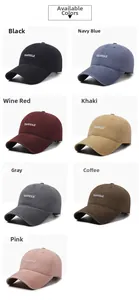 Detailed grid display of washed cotton baseball caps in seven versatile color options
