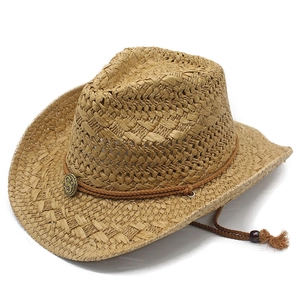 Chapeau de cowboy en paille tressée avec bande décorative et mentonnière ajustable